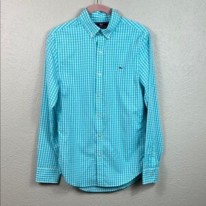 Vineyard Vines Slim Fit Turquoise White Check Whale Button Down Shirt XS